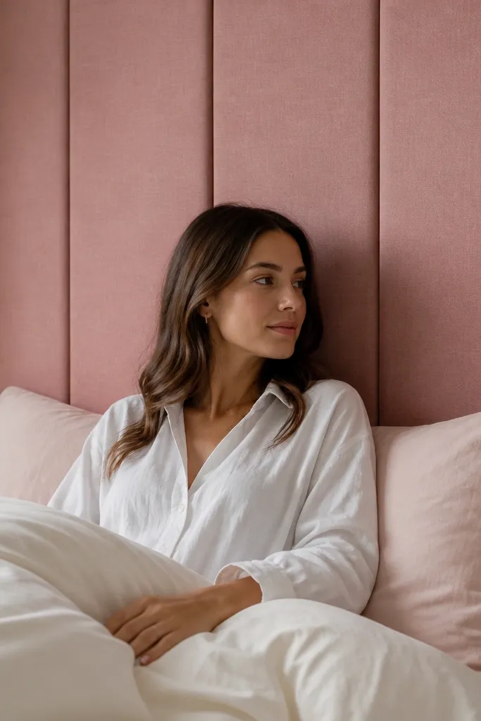 Tall upholstered fabric panels in a slim frame behind a bed
