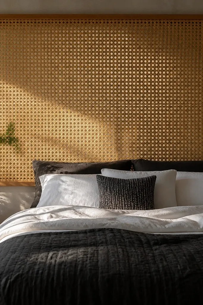 Natural cane webbing stretched across a wooden rectangle behind a bed