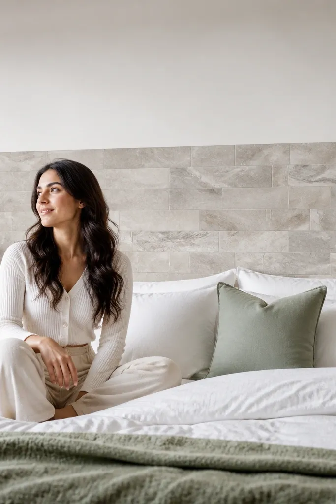 Stone-look tile band across the wall behind a bed in warm neutral tones