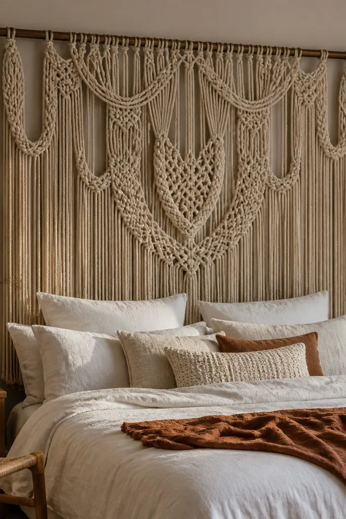 Neutral rope wall hanging hanging behind a bed from a slim rod