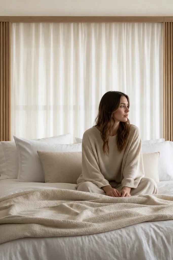Wood batten rectangle with sheer curtain panels behind a bed