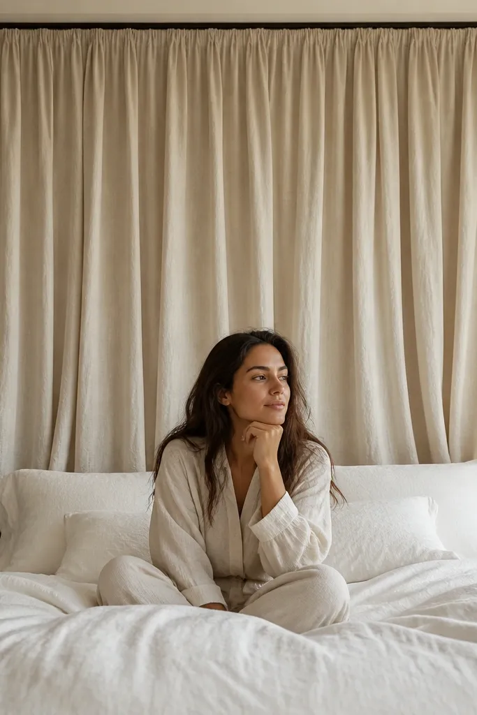 Cream linen curtains hang behind a bed with soft folds