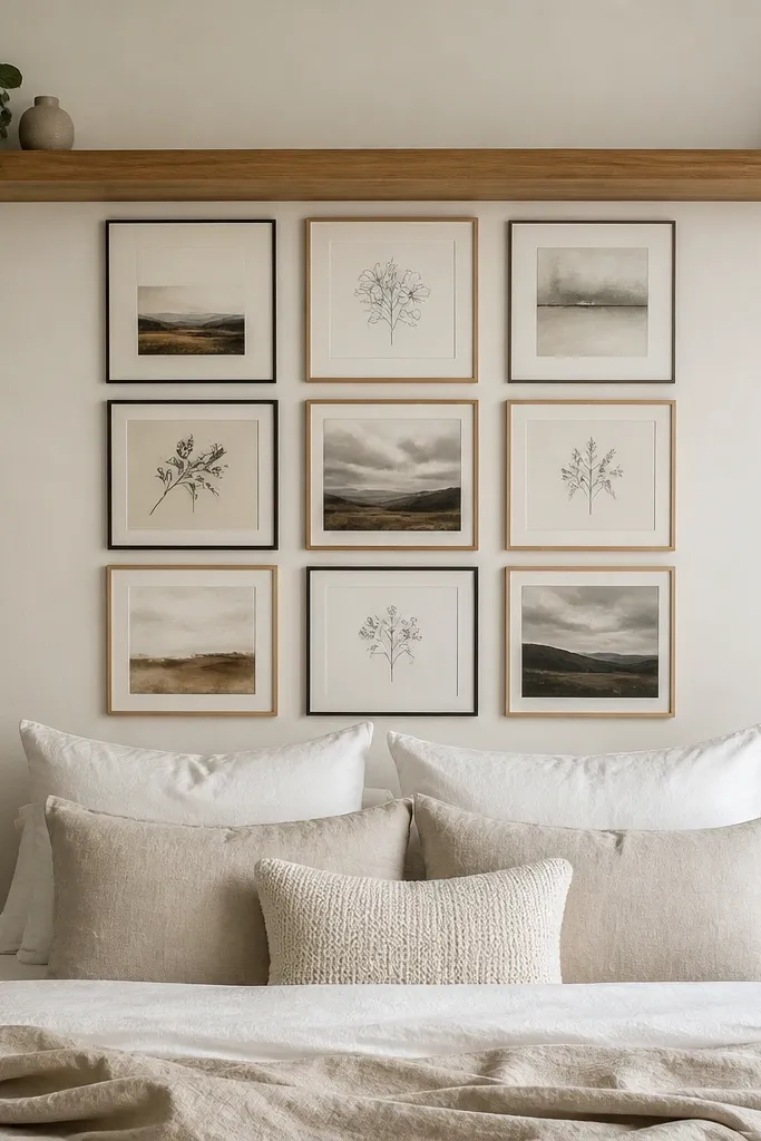 Floating picture ledge holds framed art above a bed
