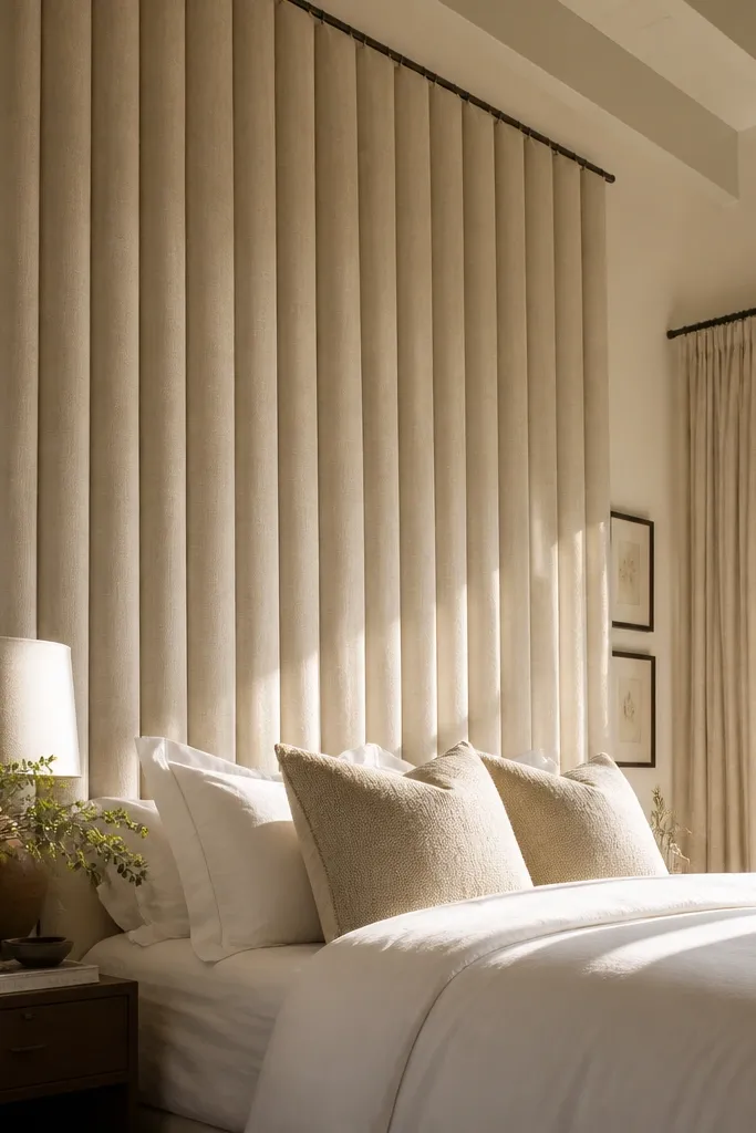 Vertical striped fabric panels create tall lines behind a bed