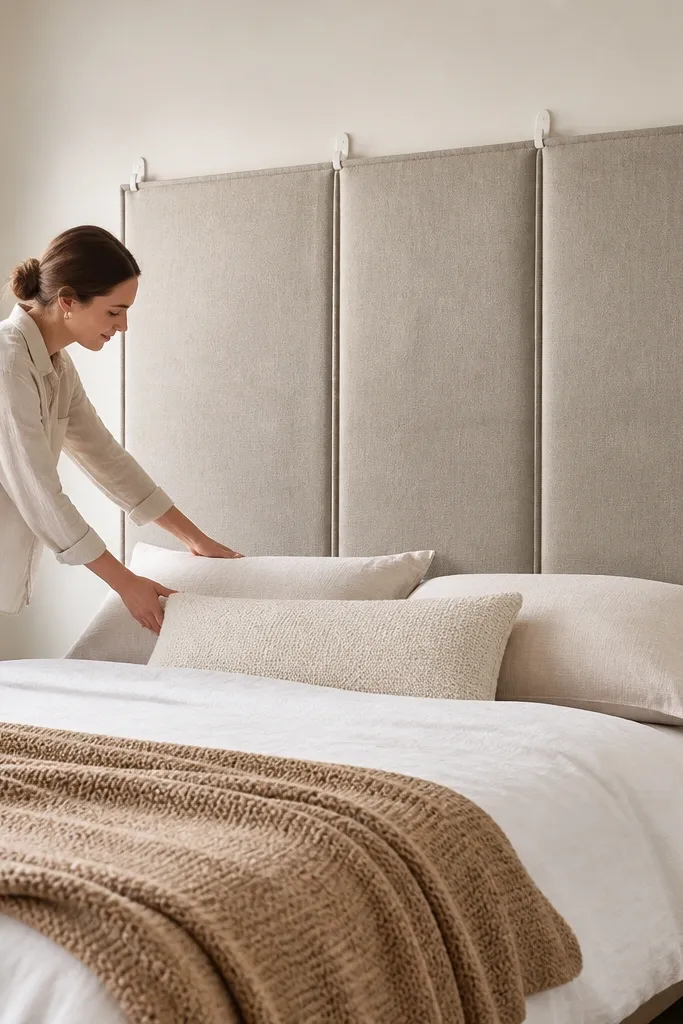 Fabric wall panels in muted gray cover the wall behind a bed
