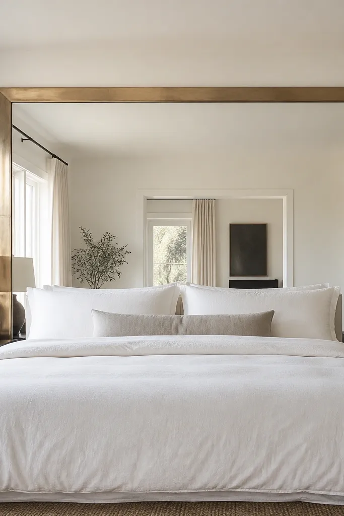 Large arched mirror reflects light behind a bed
