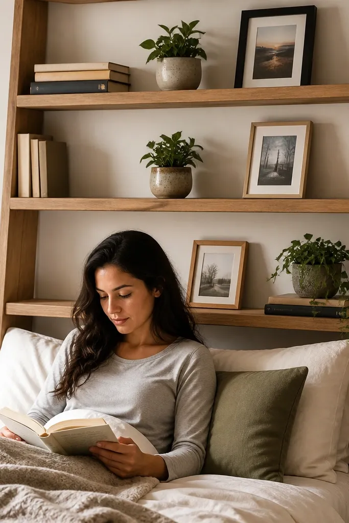 A tall wooden ladder shelf sits behind a bed with books and decor