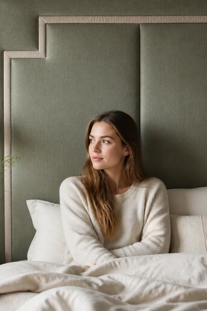 Soft padded wall panels behind a bed in two muted fabrics