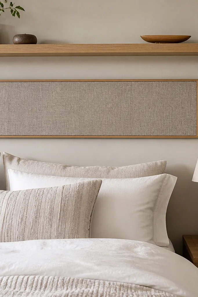 Wood slat shelf and framed fabric strip behind a bed