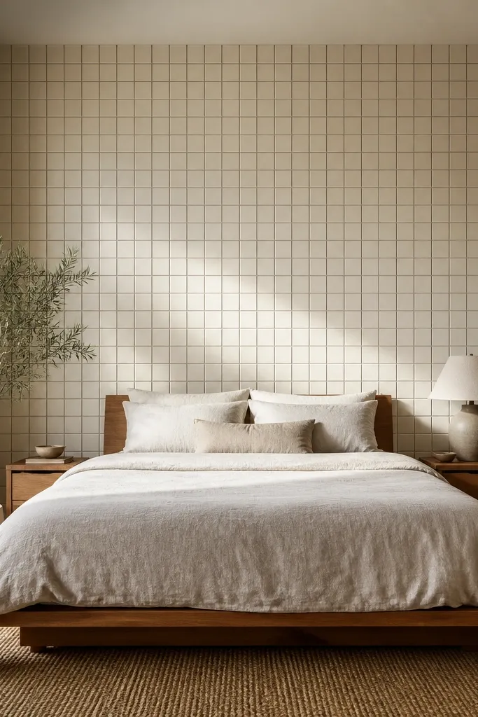 Small square tile panel behind a bed creates a grid texture