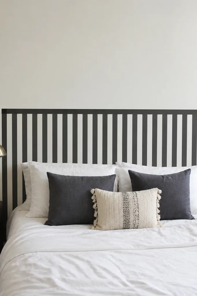 White wall with bold navy washi tape stripes behind a bed