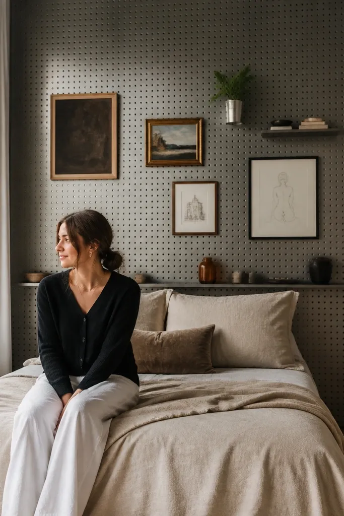 White pegboard behind a bed holds frames and small shelves