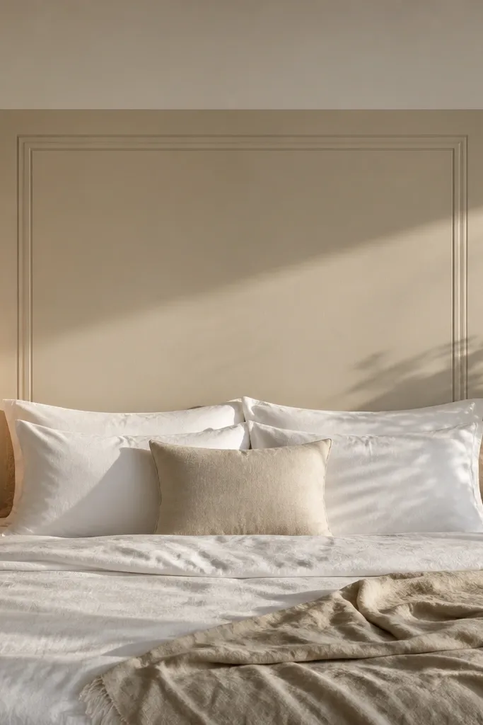 Wall painted with faux rectangular panels behind a bed