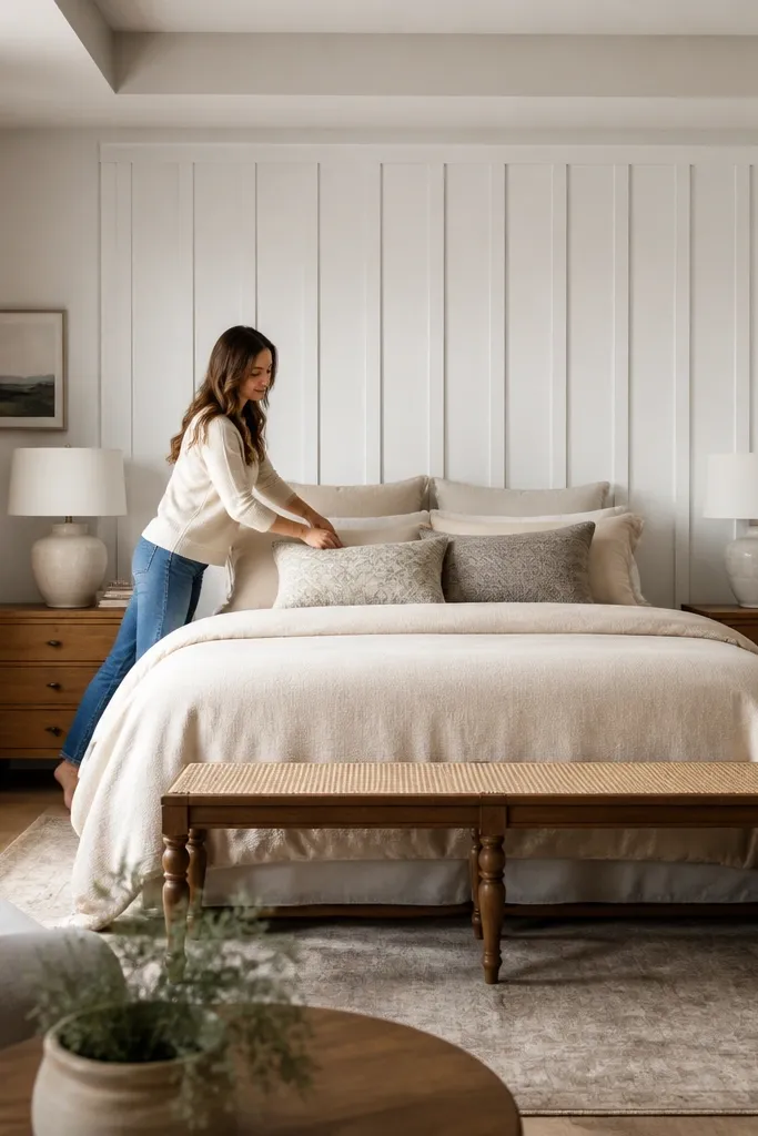 Board and batten wall panels behind a bed in white paint