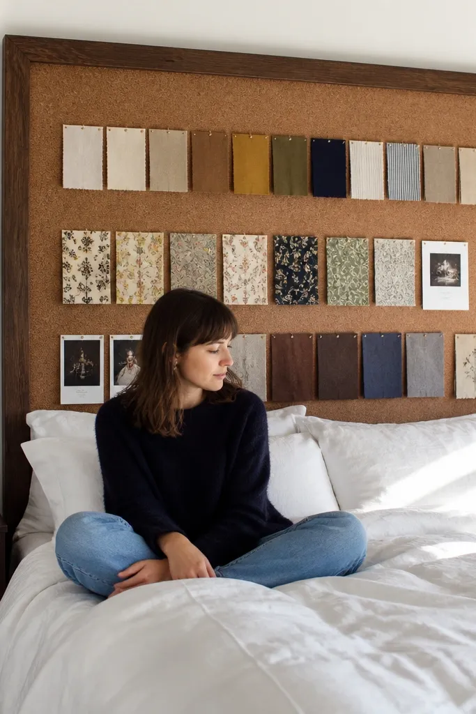 Framed corkboard wall behind a bed with pinned prints