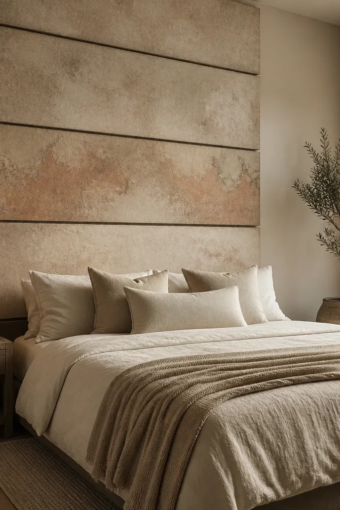 Two large textured canvas panels stacked behind a bed