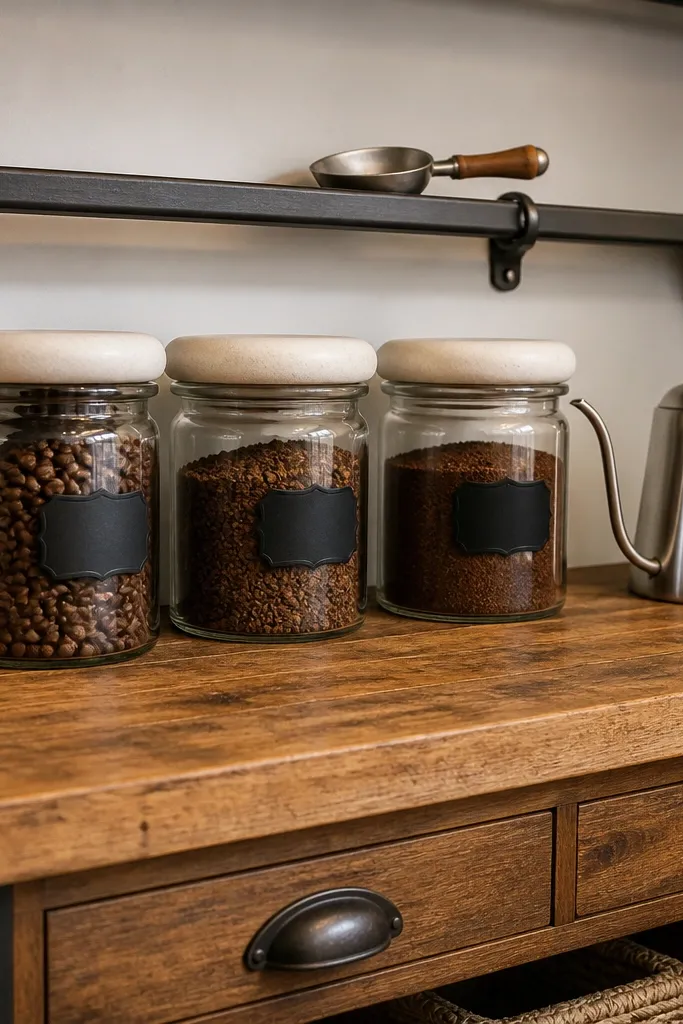 Butcher-block shelf with a black rail, labeled jars, and a tray for cups