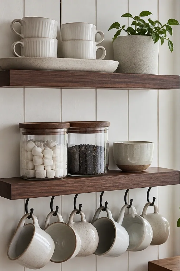 Floating shelf with a light wood back panel and mugs hanging from hooks