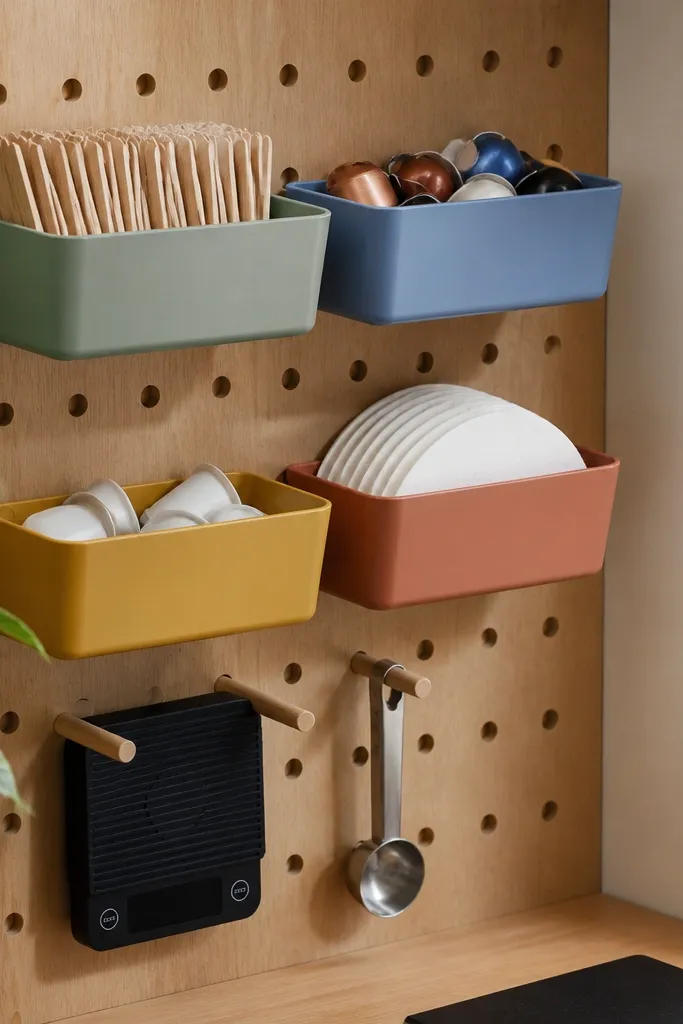 White pegboard wall with small bins, labeled jars, and a cup tray below