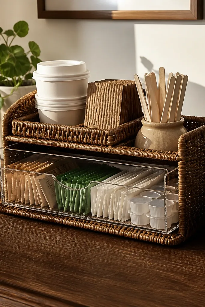 Woven rattan basket with a sliding tray holding coffee pods and cups