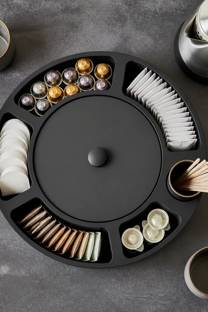 Countertop turntable with cups on one side and add-ins in labeled containers