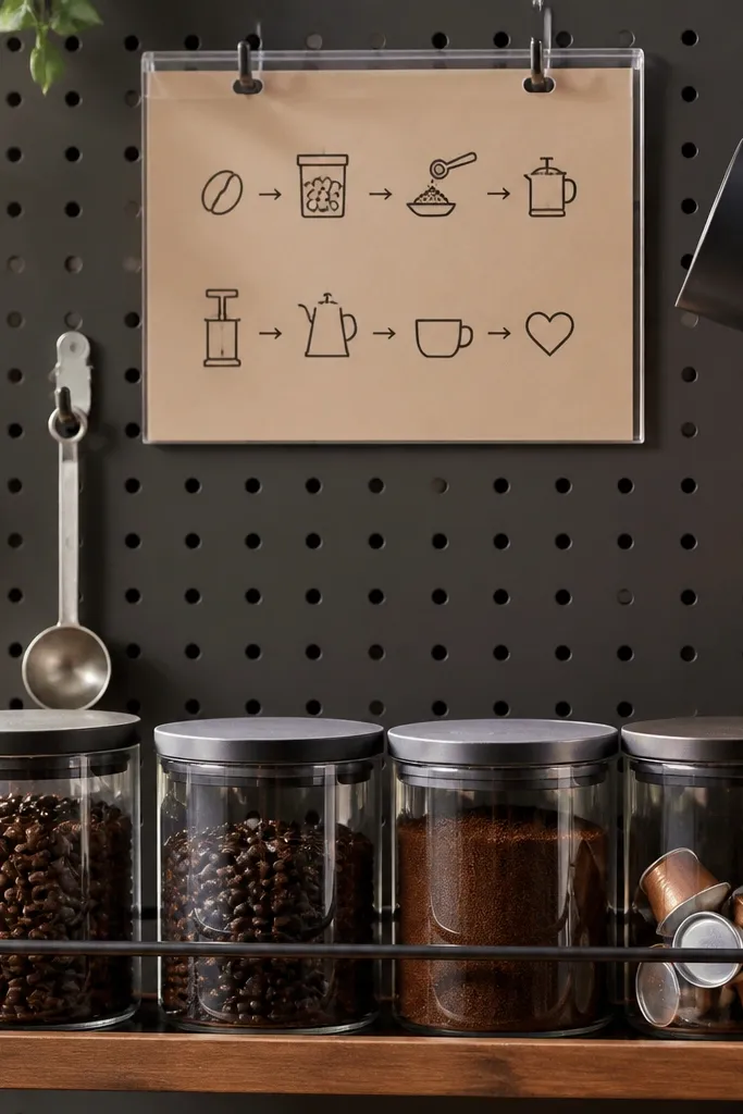 Pegboard with clear acrylic instruction holders and labeled coffee supplies