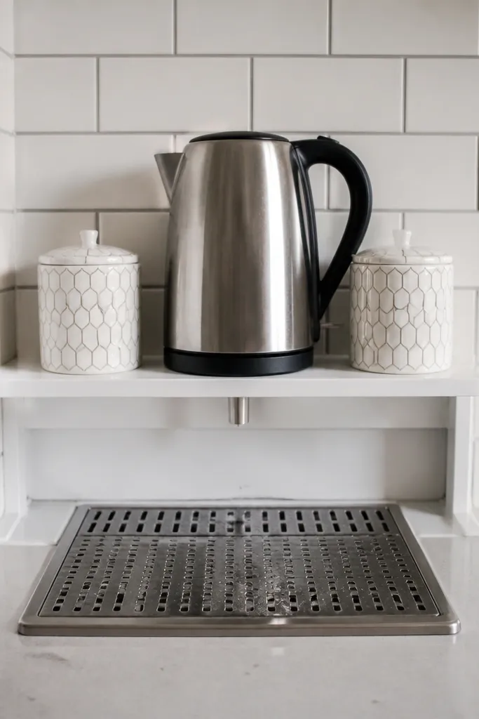 Small white tile shelf with a stainless drip tray and neatly placed coffee tools