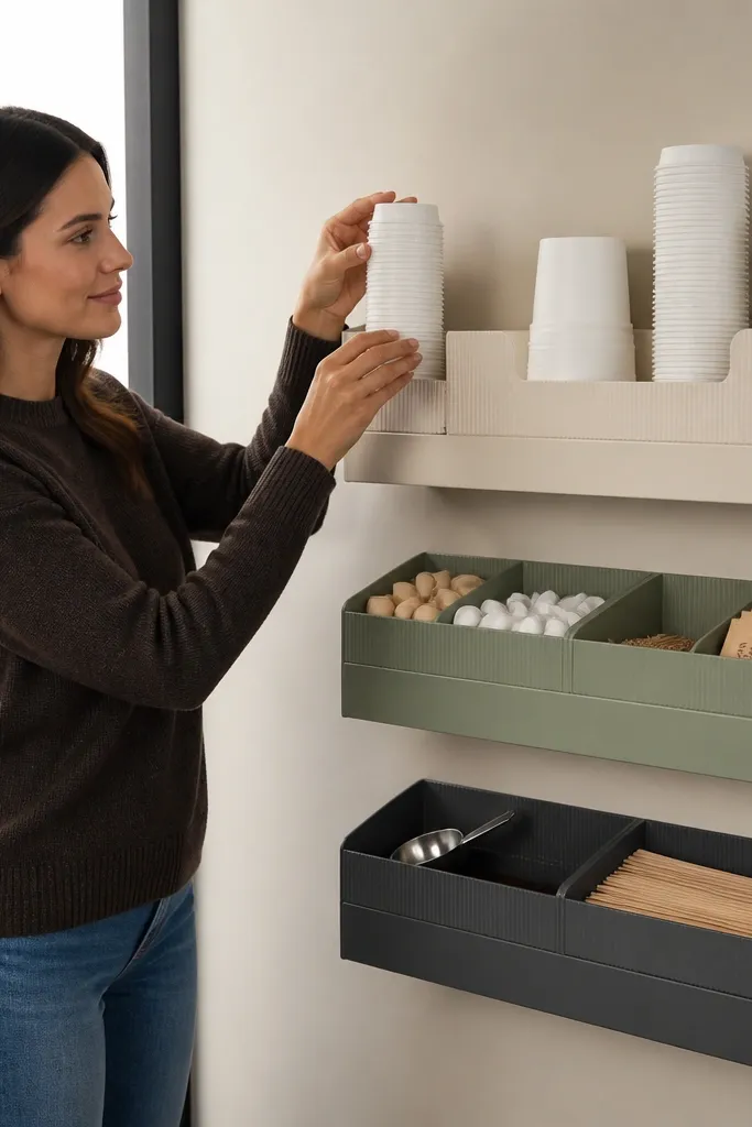 Three-tier organizers on a wall with trays for coffee, sugar, and cups