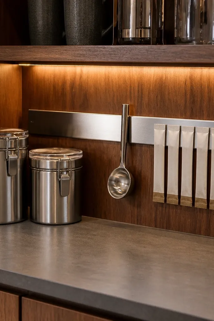 Walnut shelf with stainless front and magnetic strip holding tools