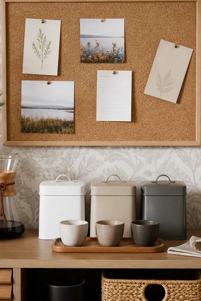 Wallpaper panel with cork board and labeled tins for coffee station supplies