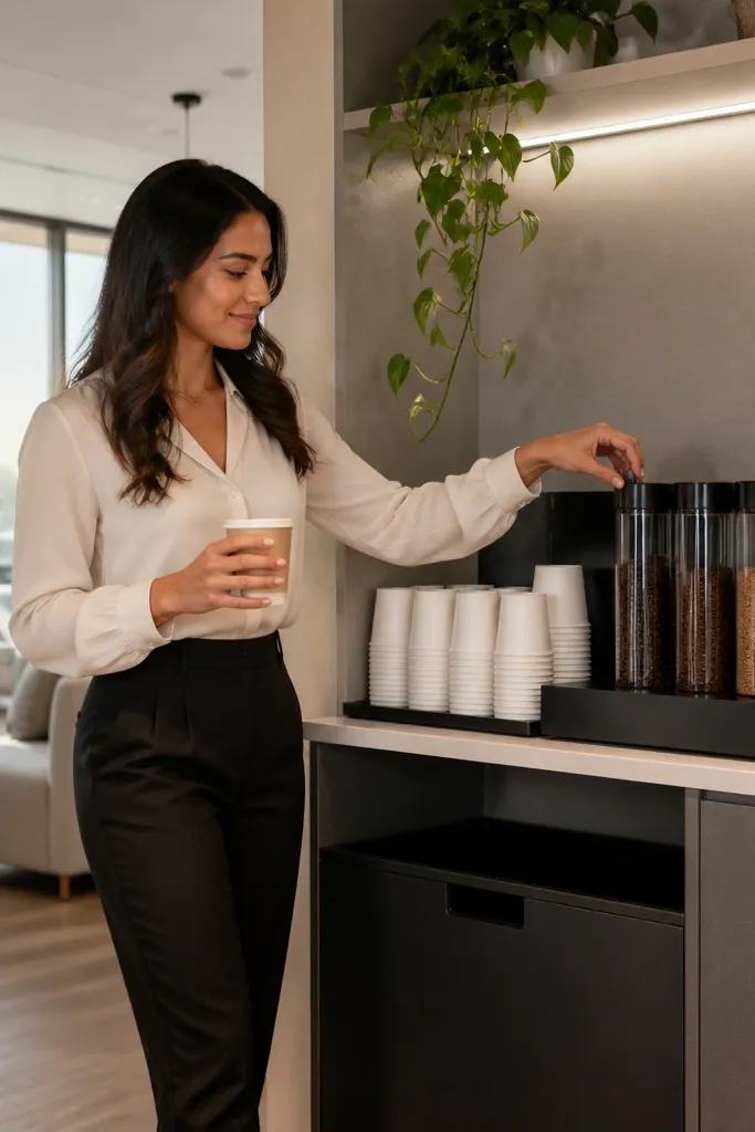 Open shelves with matching canisters and a tray that holds only daily supplies