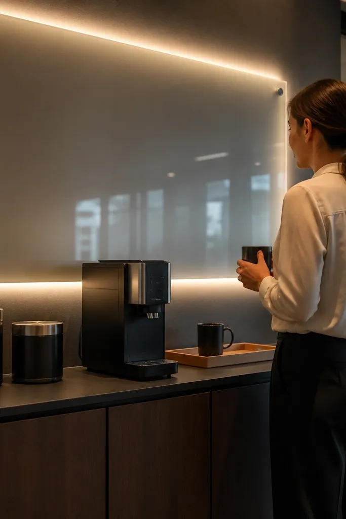Minimal coffee bar with an acrylic sign and soft LED strip lighting