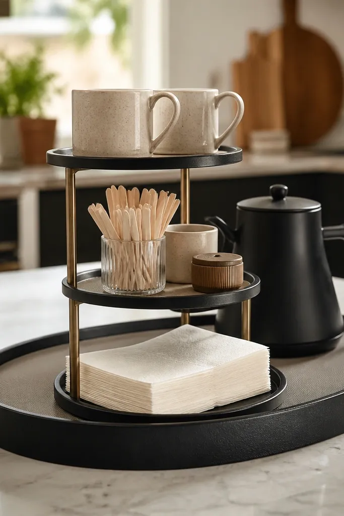 Large tray with tiered risers holding cups, creamer, sugar, and stirrers