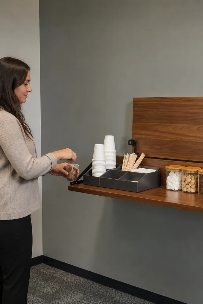 Swing-out shelf folded out with coffee supplies and a cup tray