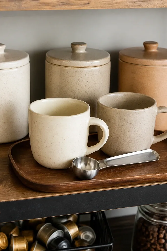 Ceramic canisters with a horizontal chalk label strip on a wood shelf