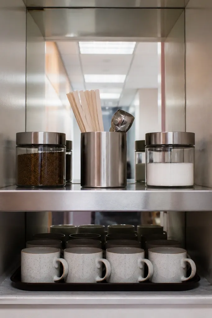 Mini shelf with mirrored backing and a stainless jar for utensils next to labeled canisters