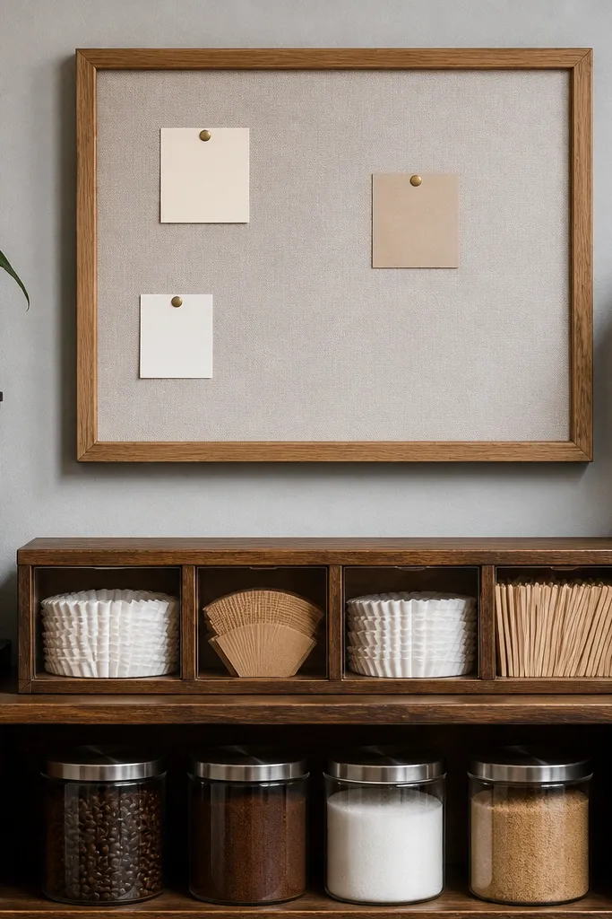 Oak-framed board with fabric panel, supply bins, and labeled coffee canisters
