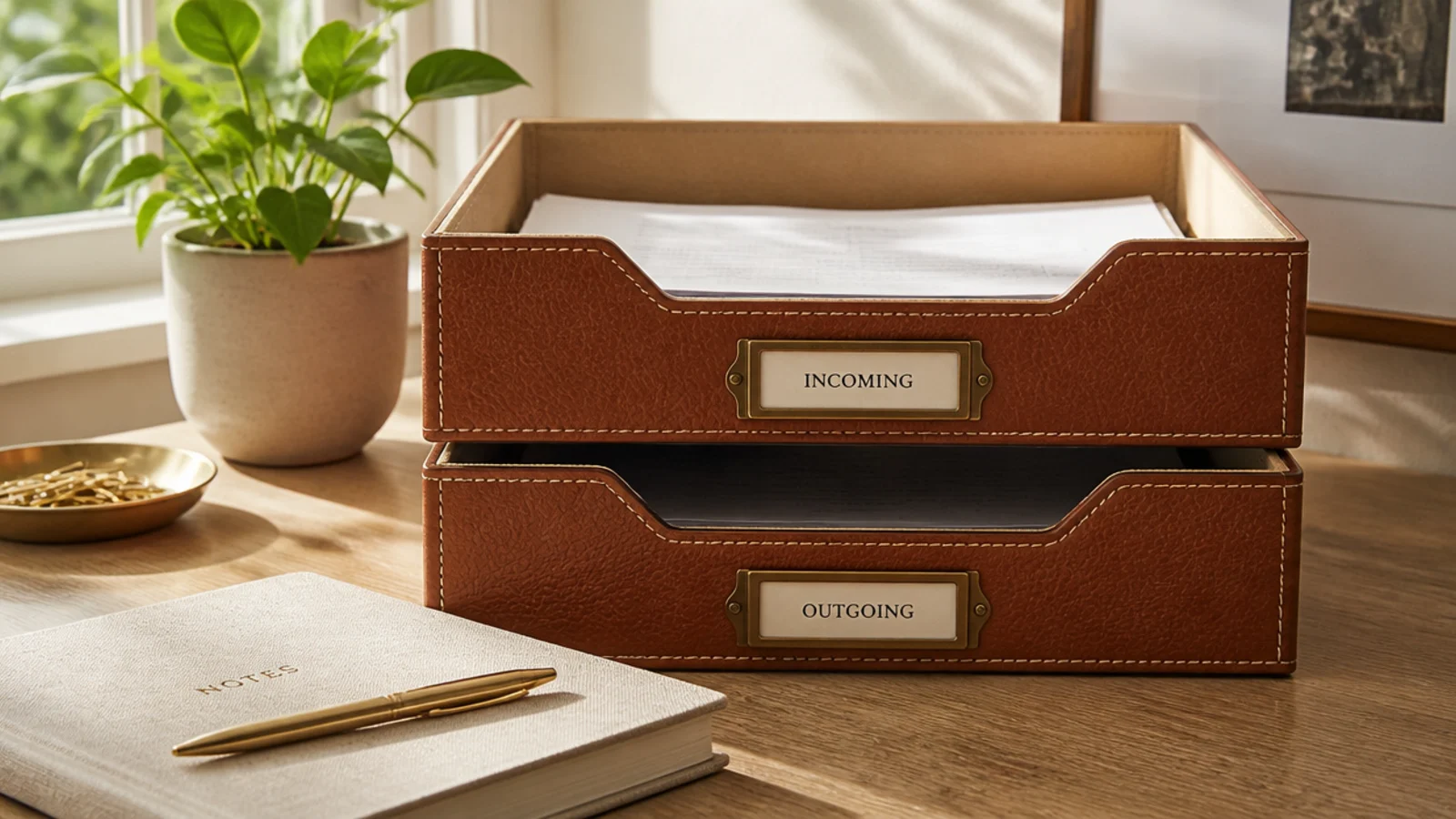 Two stacked letter trays on an office desk, the top holding incoming documents and the bottom outgoing ones.