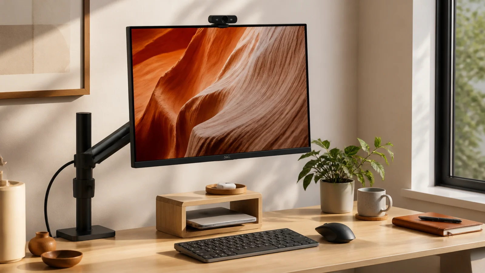 A monitor on an adjustable arm raised to eye level with a webcam on top, set for a flattering call angle.