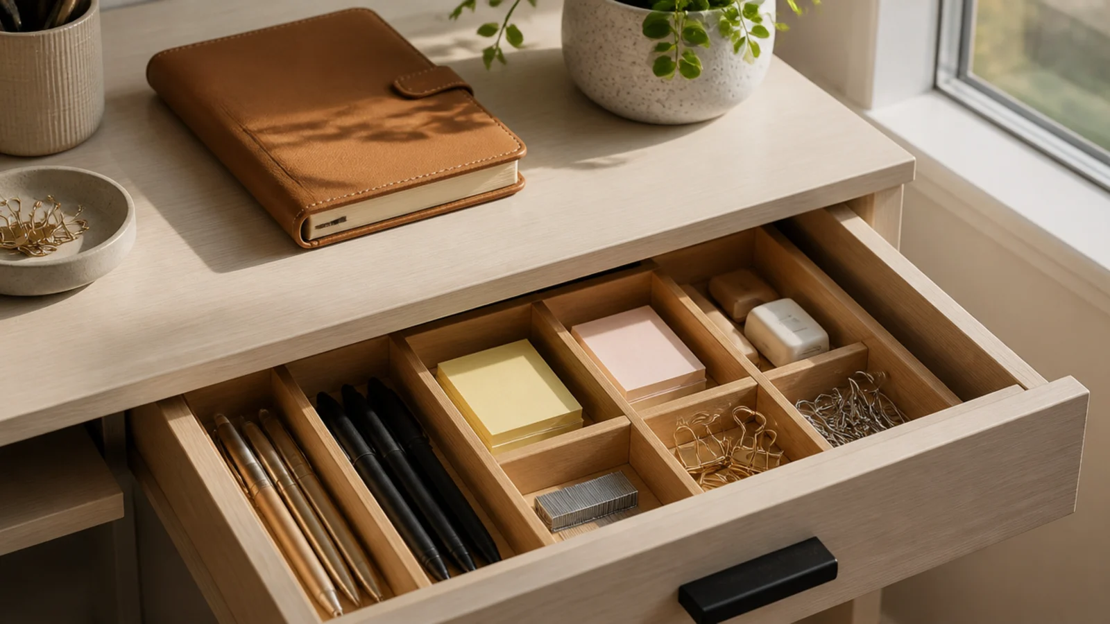An office desk drawer fitted with dividers holding pens, sticky notes, staples, and clips in tidy sections.