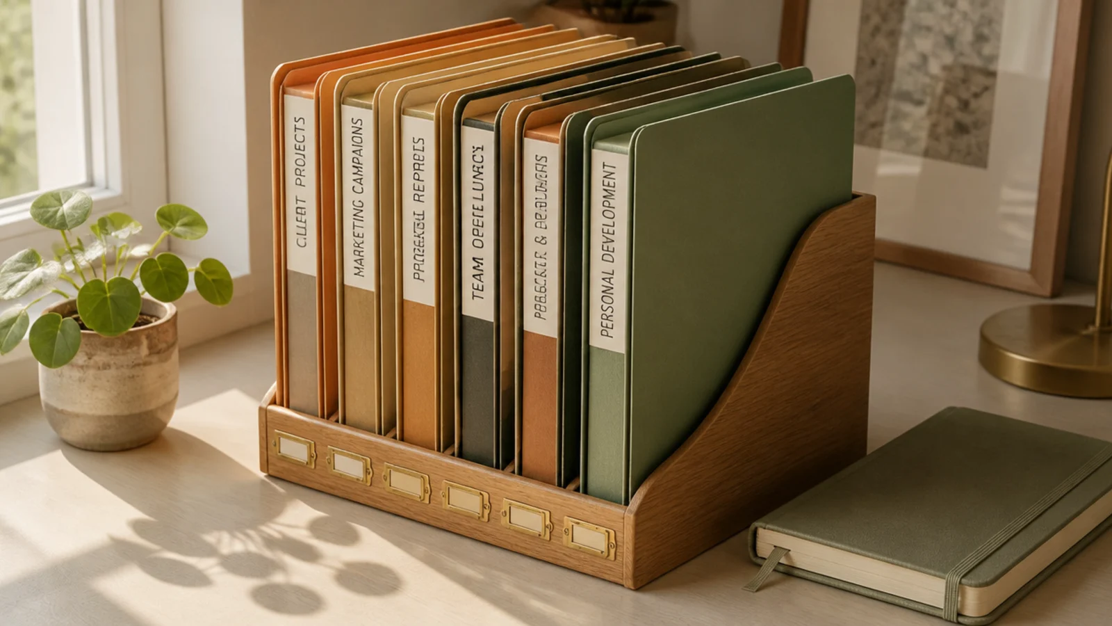 A vertical file rack on an office desk holding labeled folders upright, one per active project.