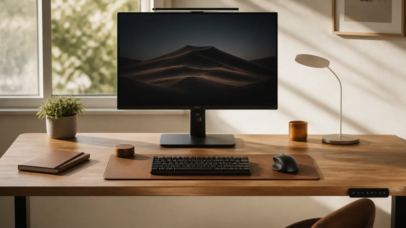 An office desk with all cables hidden in an under-desk tray and clipped along the back edge, surface clear.