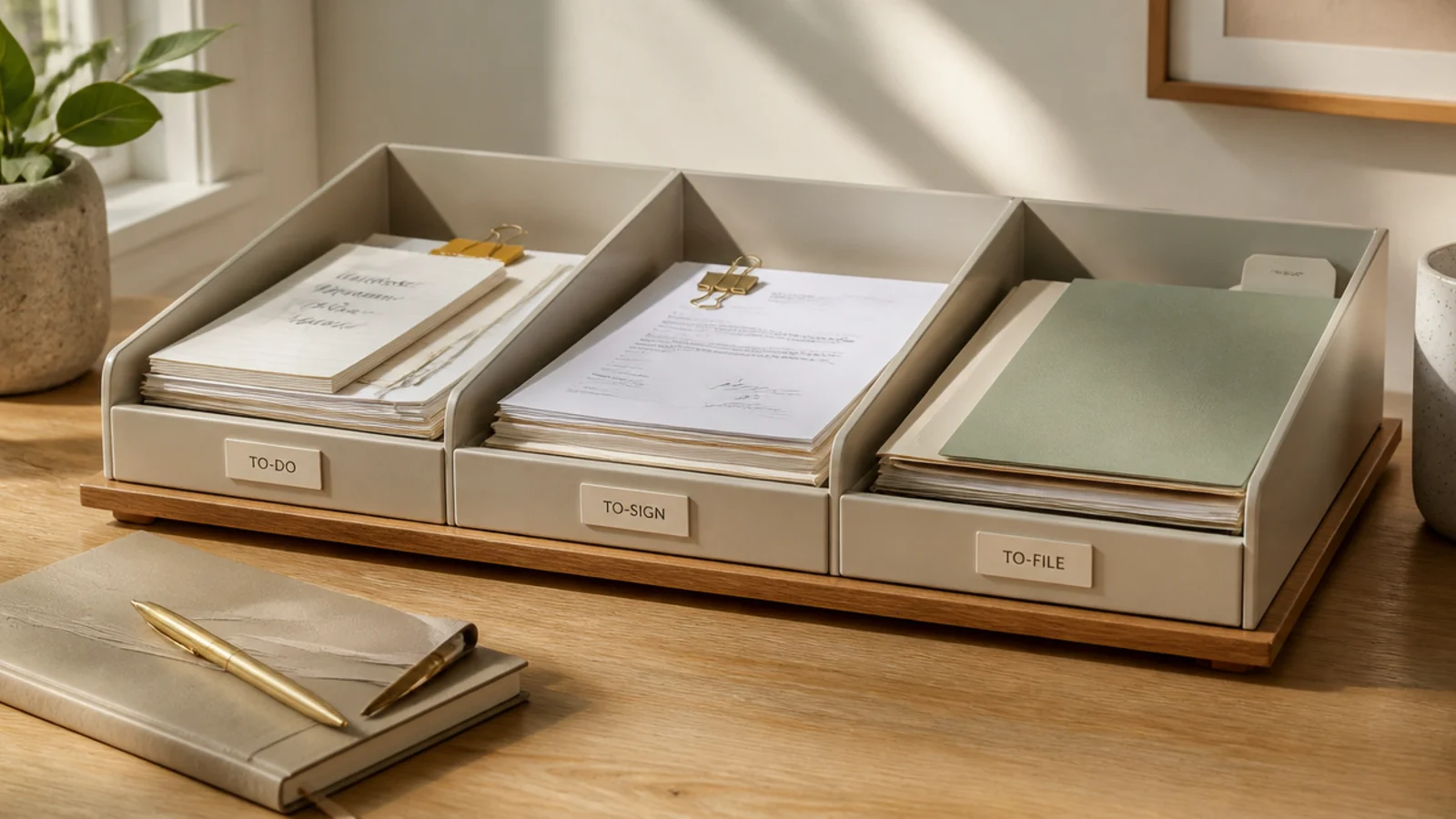 A multi-slot sorting tray on an office desk holding papers separated into to-do, to-sign, and to-file.