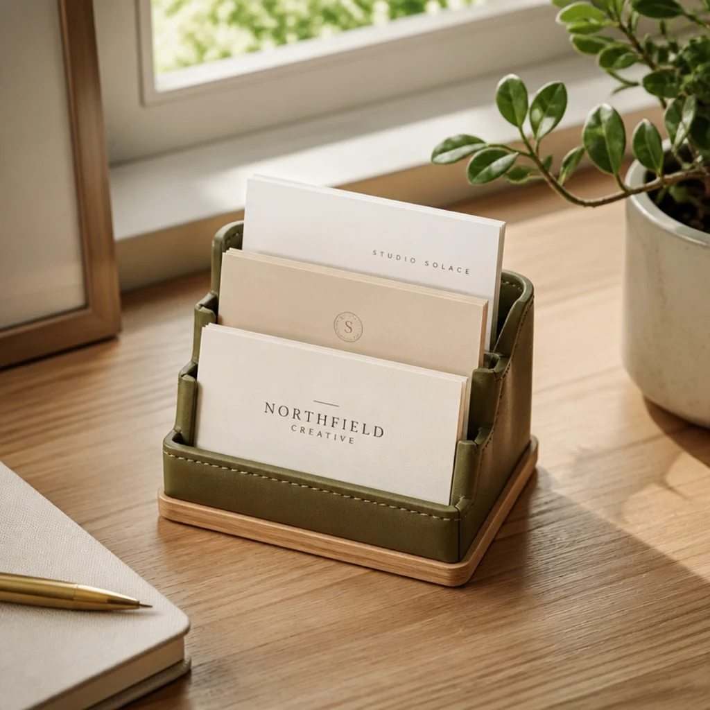 A small card holder on an office desk keeping business cards upright and sorted for quick reference.