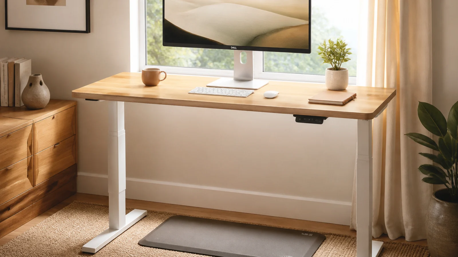 A standing desk section with an anti-fatigue mat underneath and the monitor raised for standing height.