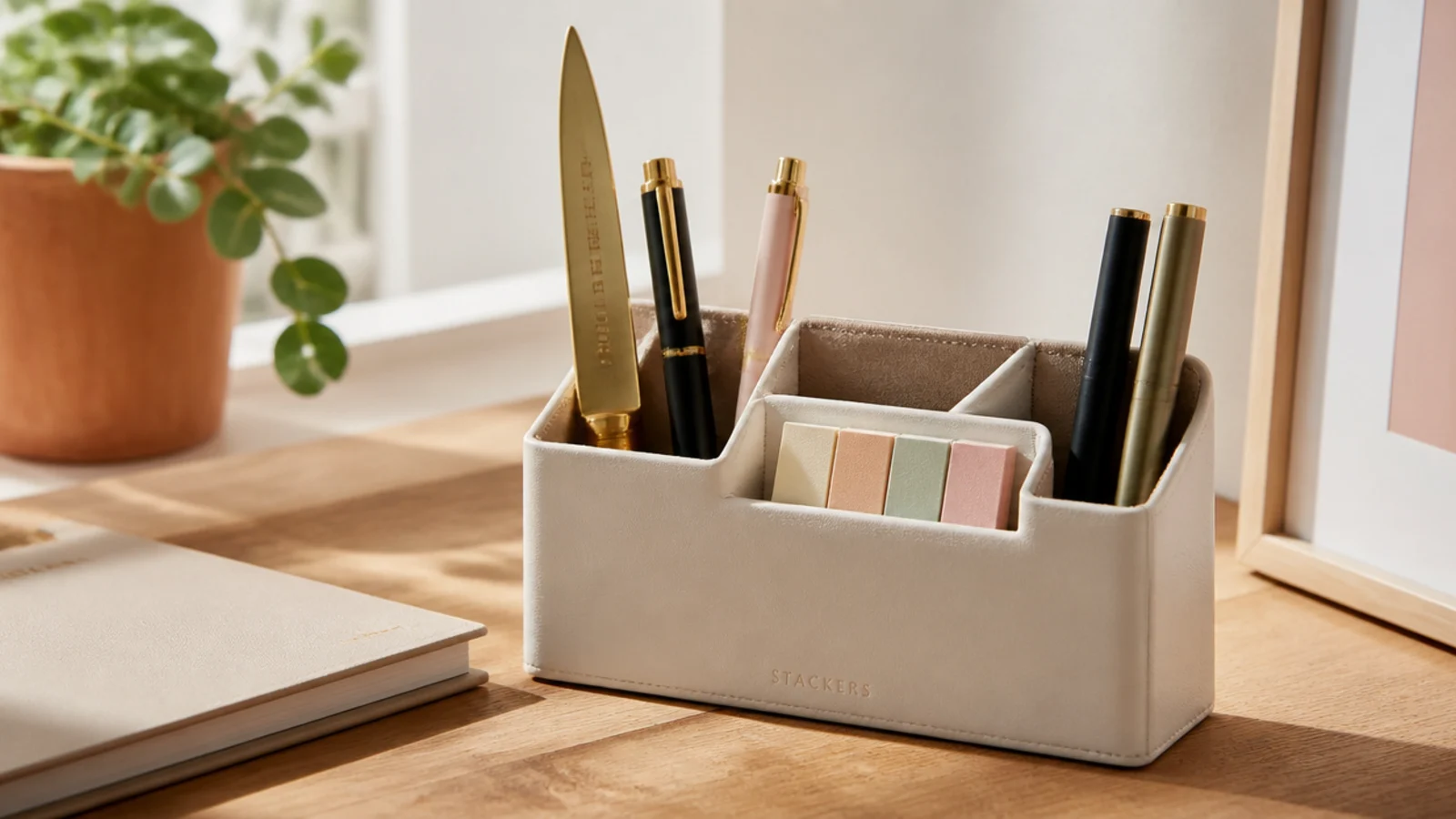 A tidy stationery caddy on an office desk holding a few pens, a letter opener, and sticky flags.