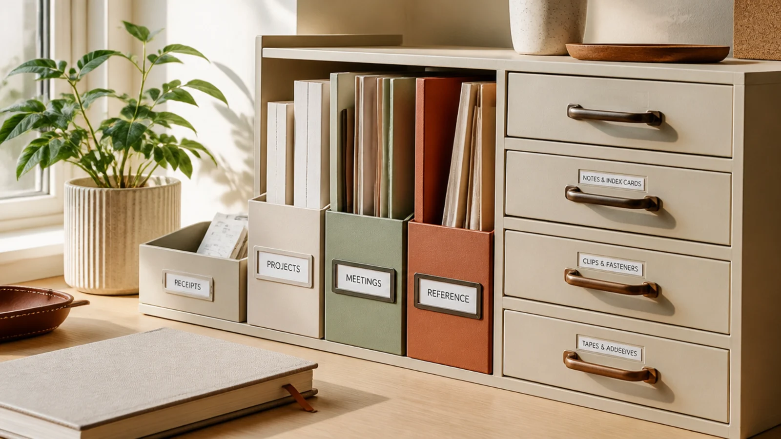 Office drawers, folders, and bins with clean printed labels on their fronts, each naming its contents.