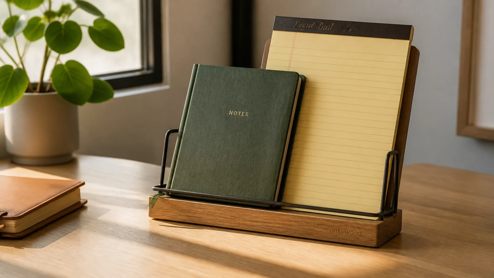 A small stand on an office desk holding a notebook and a legal pad upright, ready for meetings and notes.