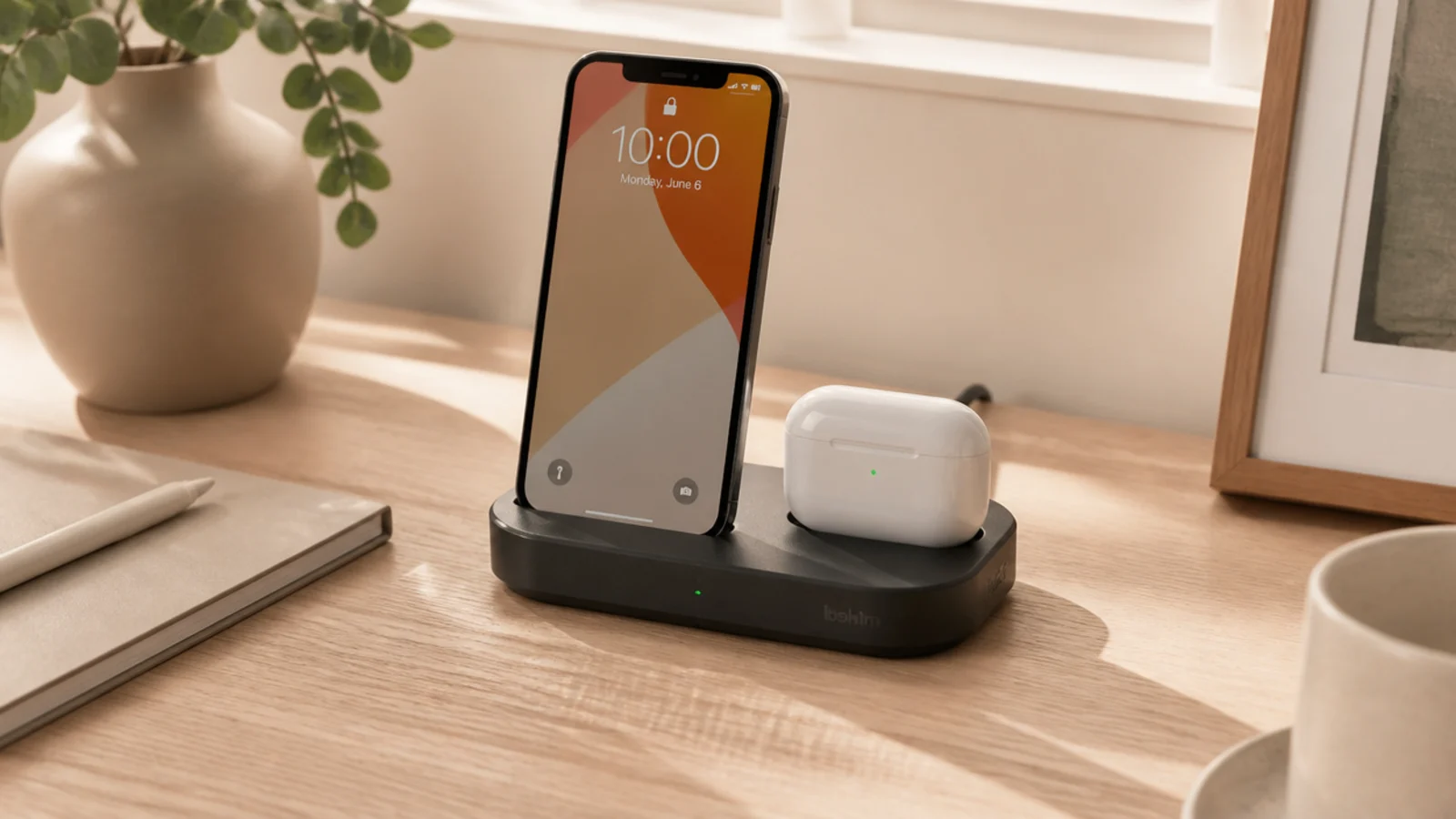 A charging dock on an office desk holding a phone and earbuds upright with cables routed cleanly behind.