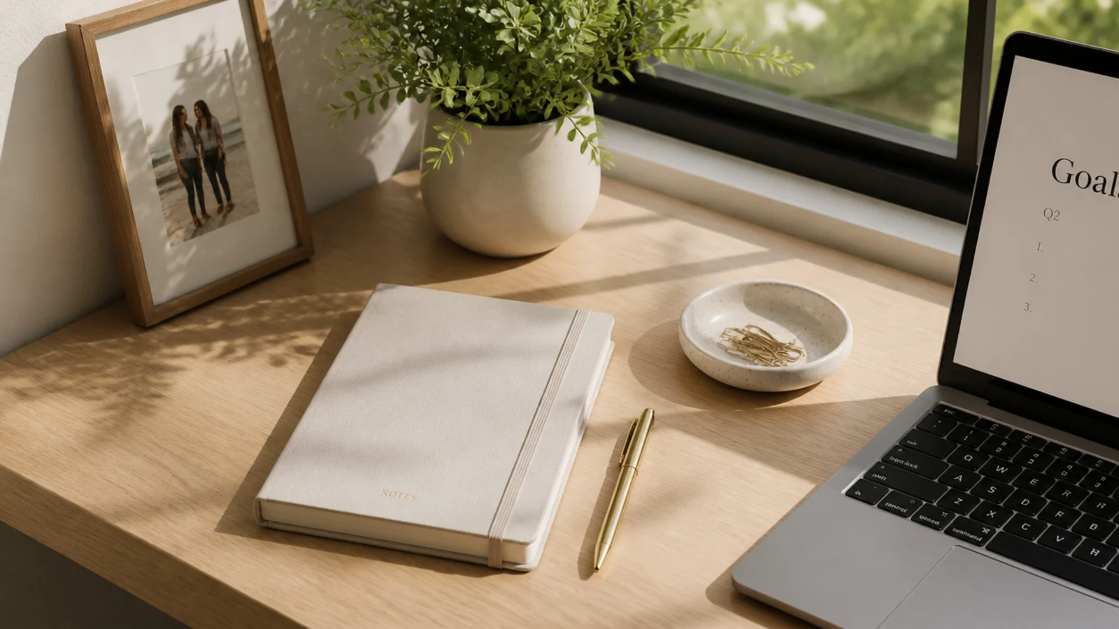 One framed photo and a small plant grouped in a single corner of an otherwise all-business office desk.